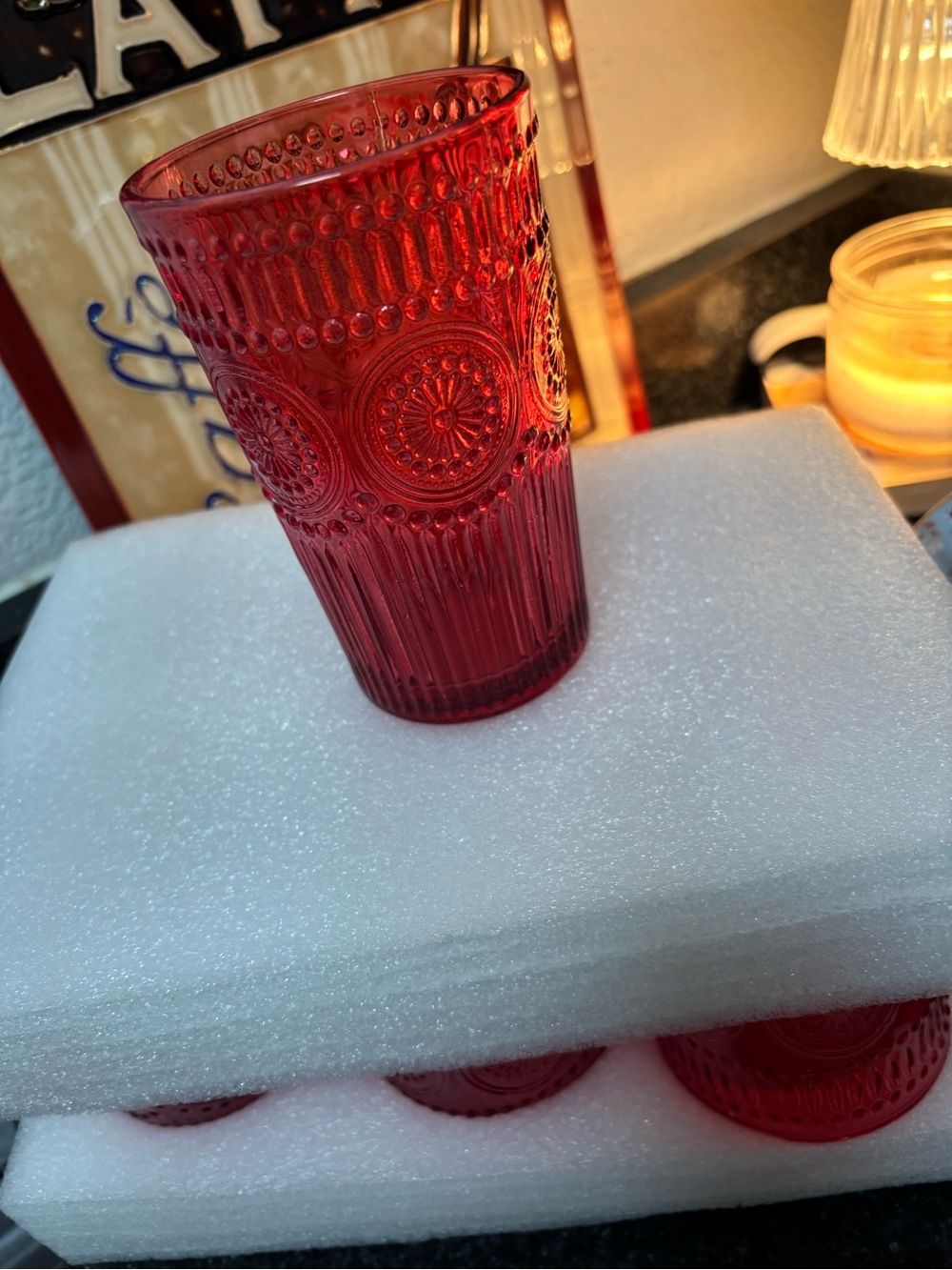 Set of 6 Decorative Red Pressed Glass Tumblers - Picture 2 of 5